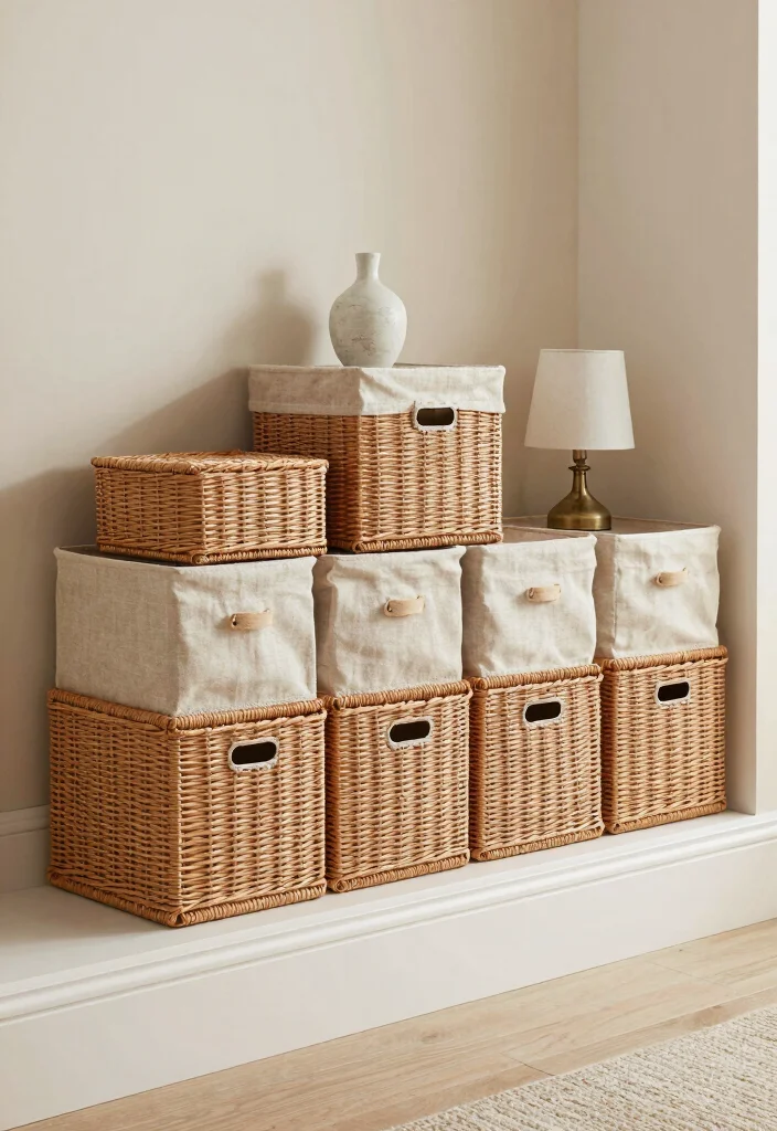 10 Basement Half Wall Ledge Ideas for Function and Display 2. Decorative Storage Bins 0