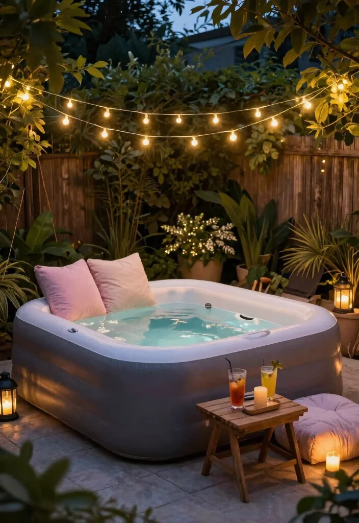 10 Blow Up Hot Tub Backyard Ideas for Budget Friendly Relaxation 1. Cozy Corner with Fairy Lights 0