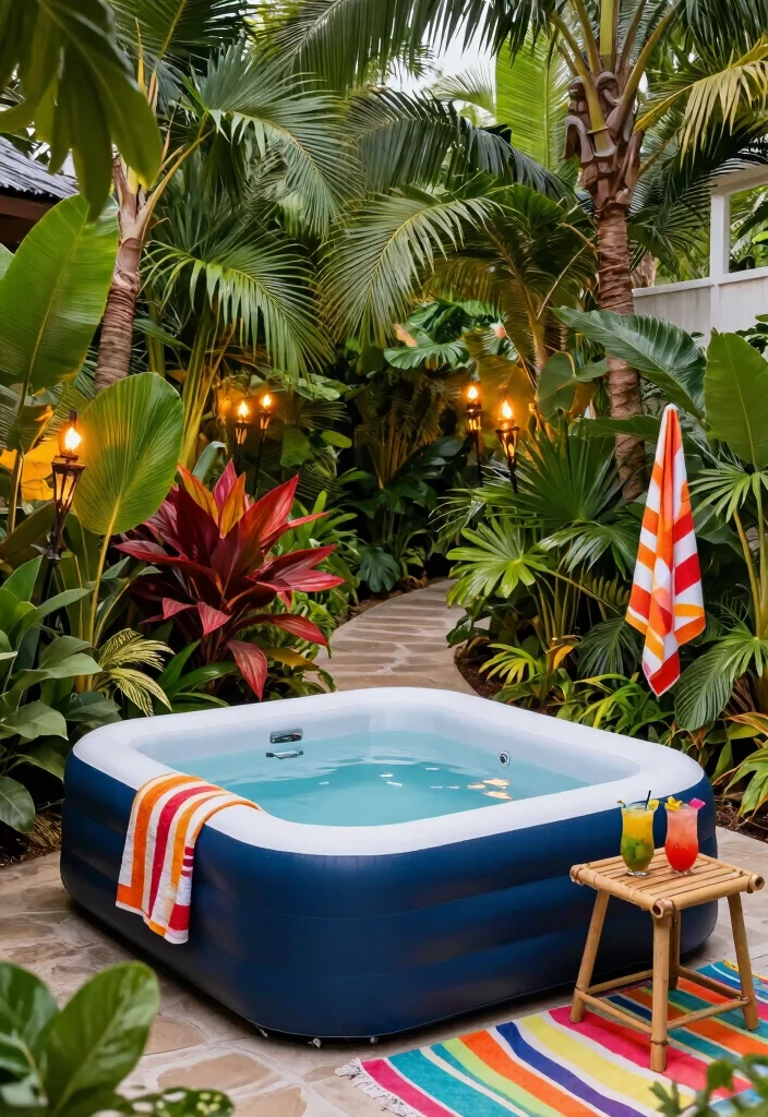 10 Blow Up Hot Tub Backyard Ideas for Budget Friendly Relaxation 2. Tropical Oasis Theme 0