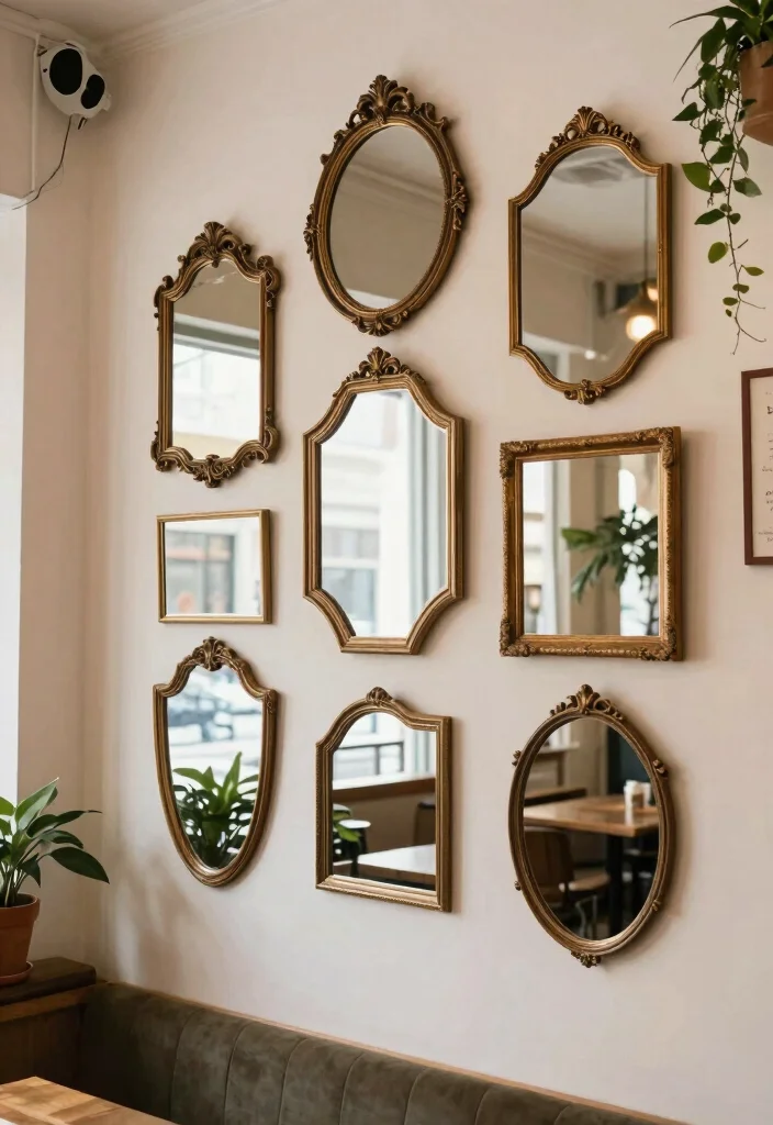 10 Cafe Wall Decor Ideas with Artistic Flair 6. Vintage Mirrors for Depth and Reflection 0