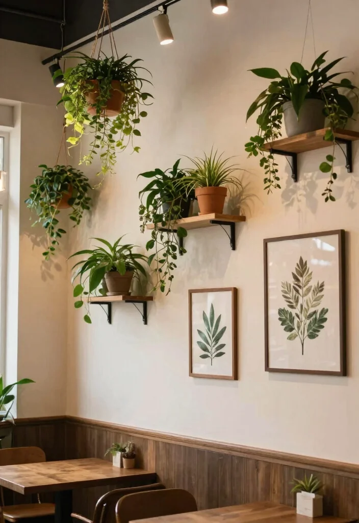 10 Cafe Wall Decor Ideas with Artistic Flair 7. Hanging Plants and Botanical Prints 0