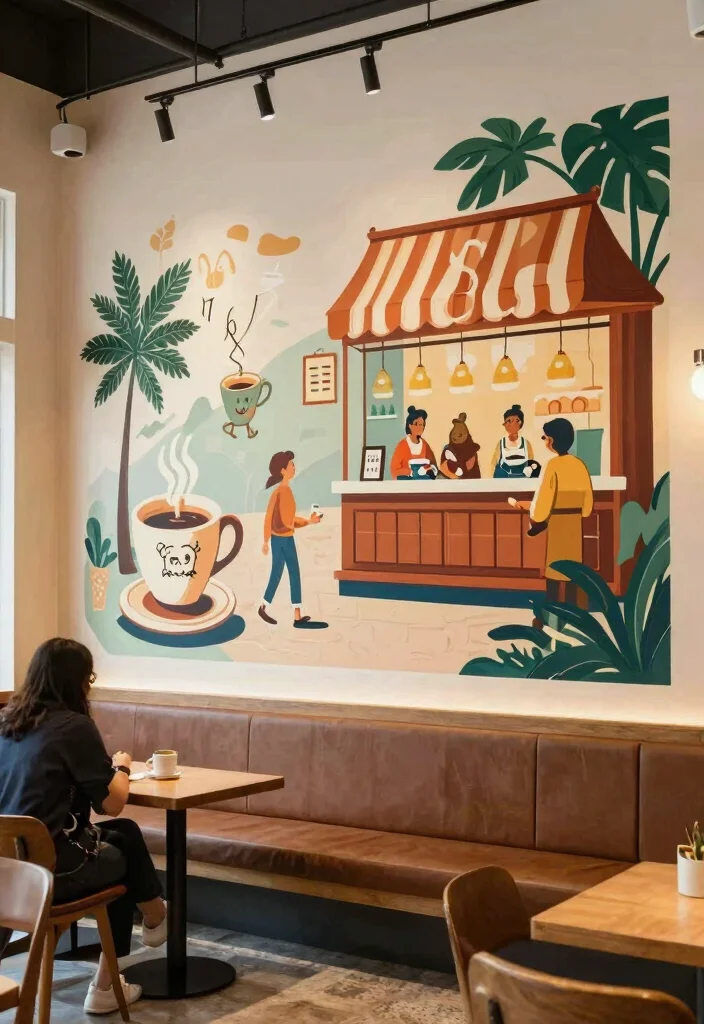 10 Cafe Wall Decor Ideas with Artistic Flair 9. Artistic Coffee Themed Murals 0