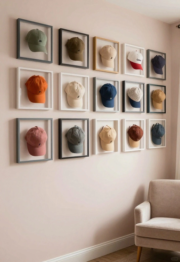 10 Cap Organization Ideas for Closets and Bedrooms 8. Cap Display Frames 0