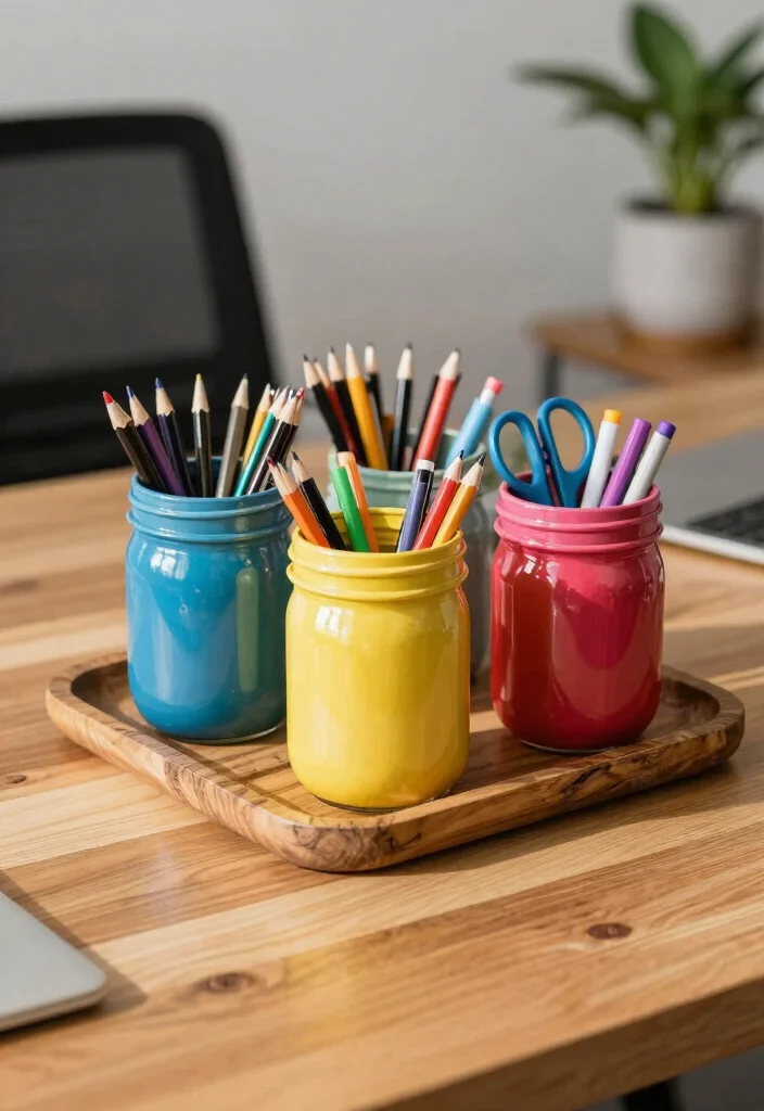 10 Dollar Tree Desk Organization Ideas with a Clean Look 1 10 Dollar Tree Desk Organization Ideas That Look Clean 1. Colorful Mason Jar Organizers 0