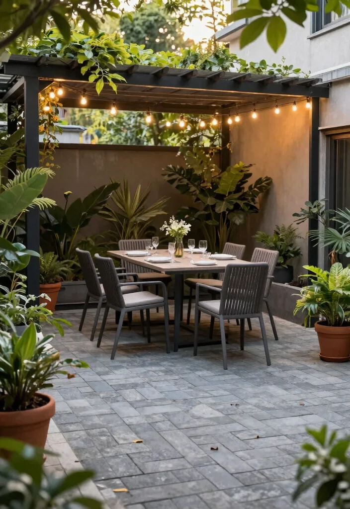 10 Paved Backyard Ideas for Low Maintenance Outdoor Spaces 10. Simple Yet Chic Paved Dining Spaces 0