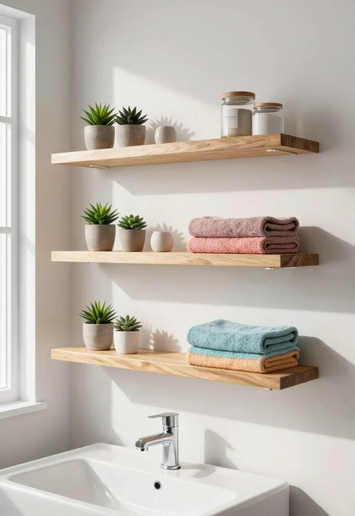 10 Restroom Organization Ideas for Small Bathrooms 1. Floating Shelves for Vertical Storage 0
