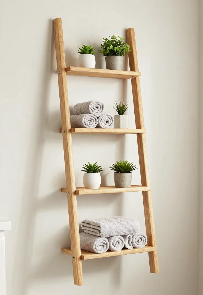 10 Restroom Organization Ideas for Small Bathrooms 5. Ladder Shelves for a Unique Touch 0