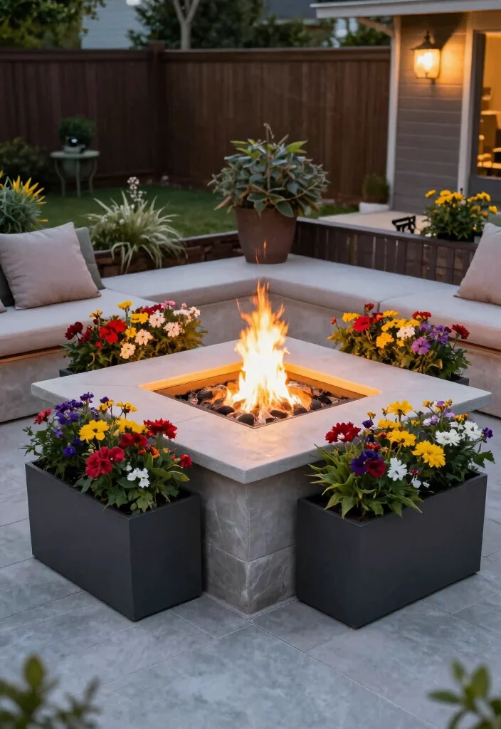 10 Square Fire Pit Backyard Ideas for Clean Modern Layouts 9. Square Fire Pit with Integrated Planters 0