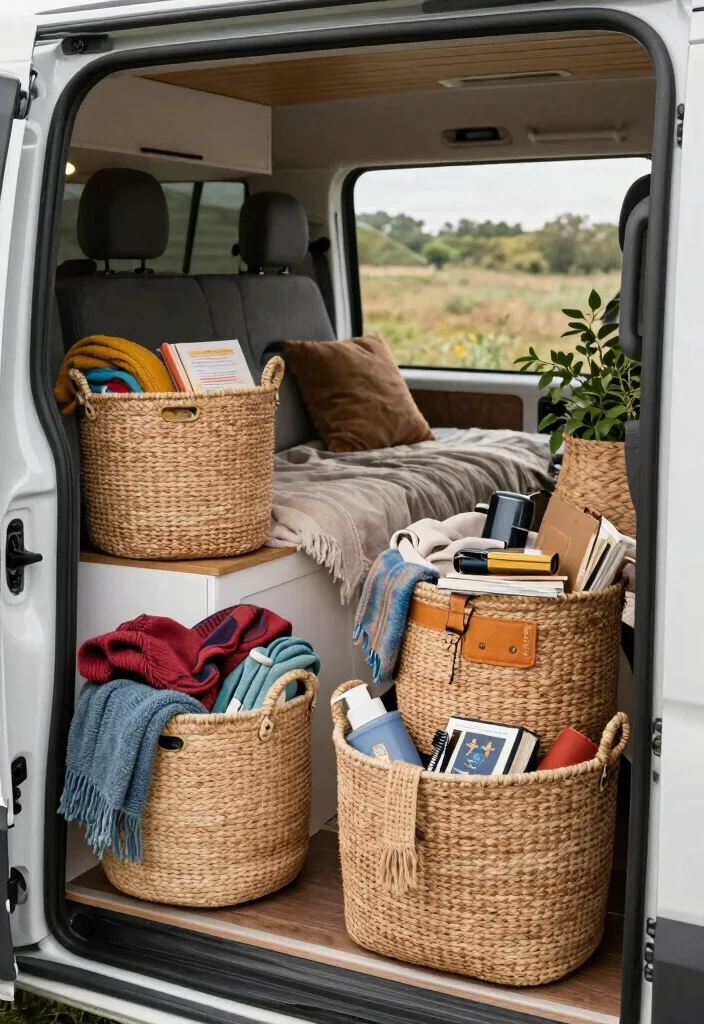 10 Van Organization Ideas for Work and Travel 10. Aesthetic Storage Baskets 0
