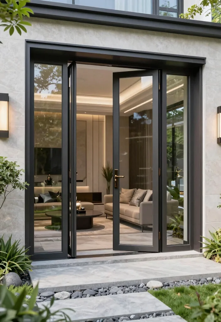 12 Backyard Door Ideas to Connect Indoors and Outdoors 8. Elegant Pivot Doors for Dramatic Entry 0