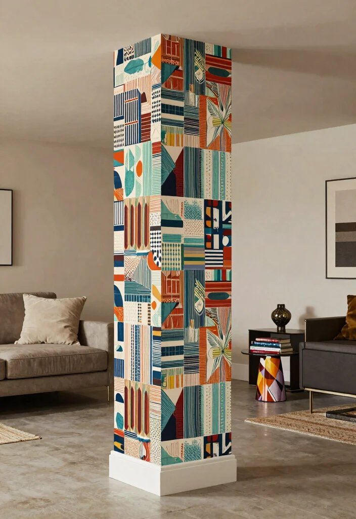 12 Basement Column Ideas to Blend Structure with Design 9. Patterned Columns with Wallpaper 0