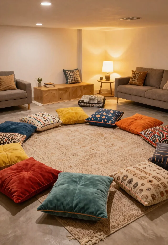 12 Basement Furniture Ideas for Comfort and Function 9. Floor Cushions for Relaxation 0