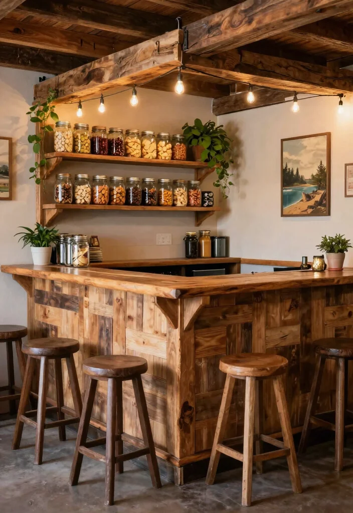 12 Basement Snack Bar Ideas for Family Hangouts 2. Rustic Charm with a Wooden Bar 0