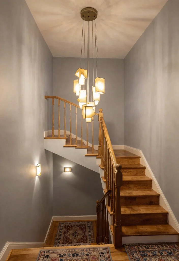 12 Basement Stairway Ideas to Improve Flow and Lighting 2. Statement Lighting Fixtures 0