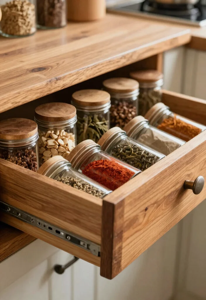 12 DIY Kitchen Organization Ideas on a Budget 2. Spice Drawer Organizer from Reclaimed Wood 0