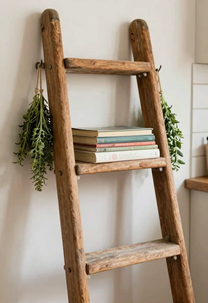 12 DIY Kitchen Organization Ideas on a Budget 9. Repurposed Ladder for Cookbooks and Utensils 0