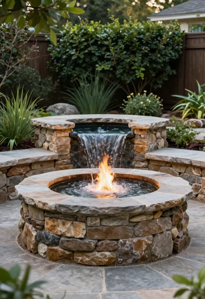 12 Fire Pit Ideas for Backyard Landscapes with Natural Flow 11. Stone Fire Pit with Water Feature 0
