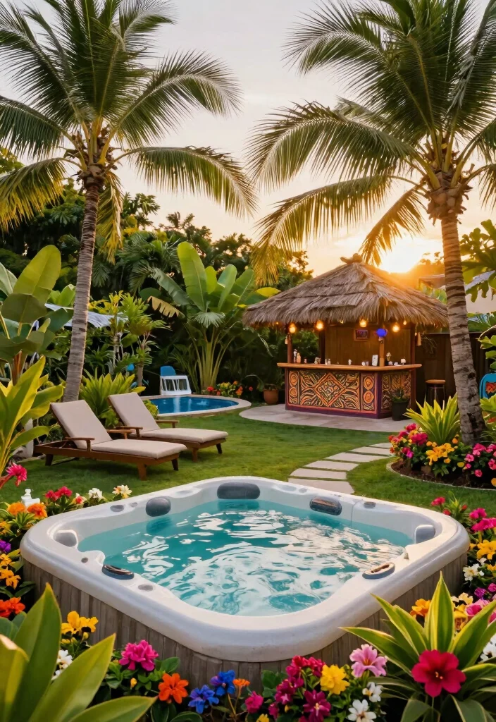 12 Hot Tub Backyard Patio Ideas for a Spa Like Experience 4. Tropical Oasis 0