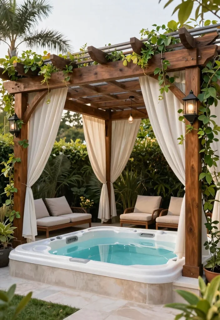 12 Hot Tub Backyard Patio Ideas for a Spa Like Experience 7. Elegant Pergola Addition 0
