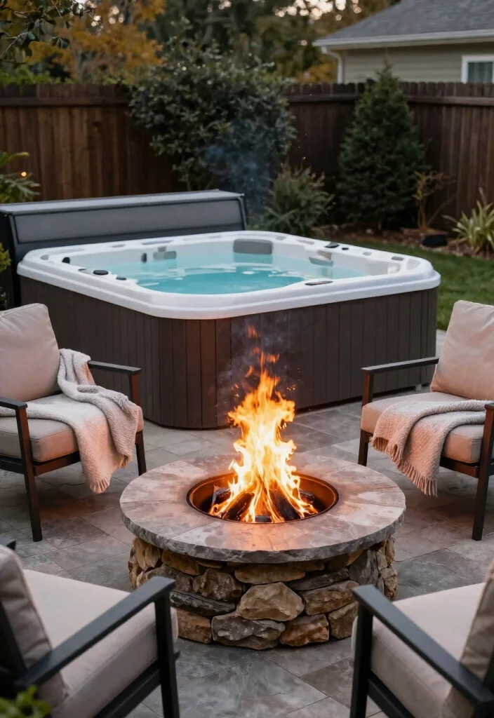 12 Hot Tub Backyard Patio Ideas for a Spa Like Experience 8. Cozy Fire Pit Integration 0