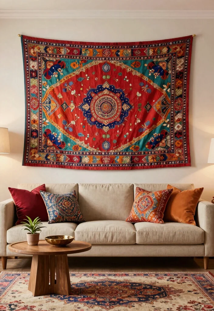 12 Indian Living Room Wall Decor Ideas with Cultural Style 1. Breathtaking Tapestry Wall Hangings 0