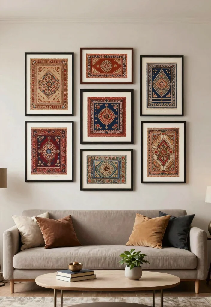 12 Indian Living Room Wall Decor Ideas with Cultural Style 2. Framed Vintage Textile Art 0