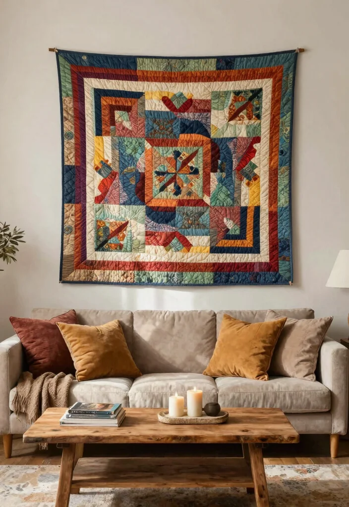 12 Indian Living Room Wall Decor Ideas with Cultural Style 5. Colorful Quilted Wall Hangings 0