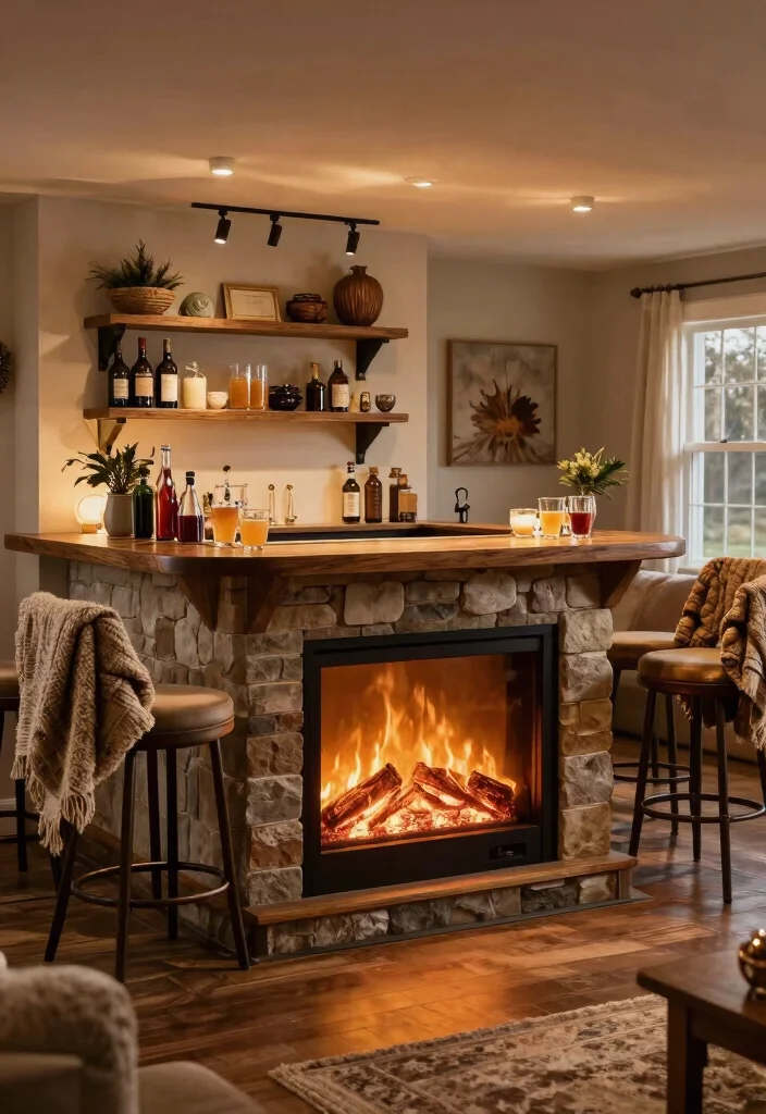 12 Simple Basement Bar Ideas for Casual Entertaining 11. Cozy Fireplace Bar 0