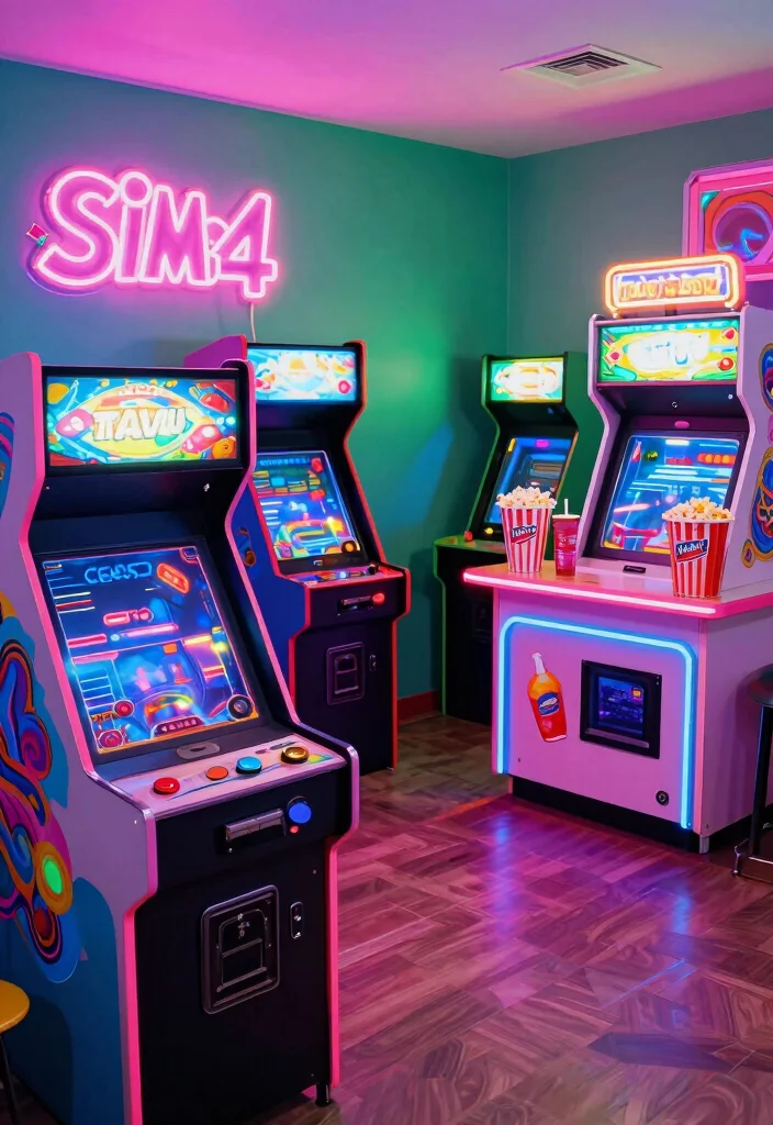 12 Sims 4 Basement Ideas for Creative Builds 10. Retro Arcade Basement 0
