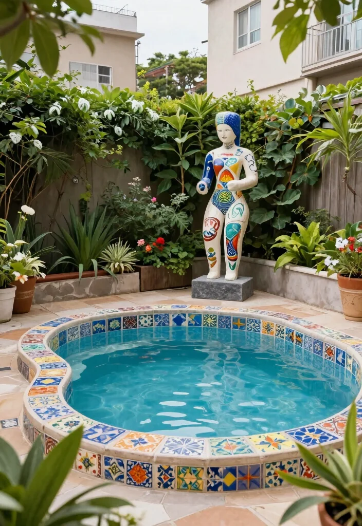 12 Small Backyard with Pool Ideas That Feel Open and Relaxing 12. Artistic Outdoor Elements 0