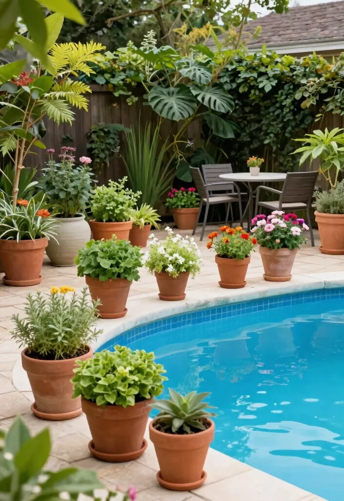 12 Small Backyard with Pool Ideas That Feel Open and Relaxing 2. Potted Plants Galore 0