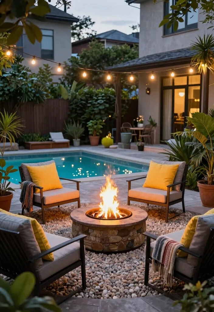 12 Small Backyard with Pool Ideas That Feel Open and Relaxing 3. Cozy Fire Pit Retreat 0