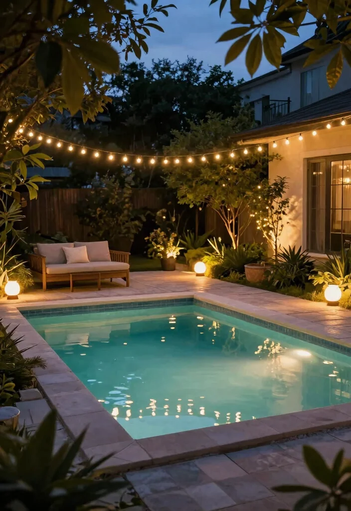 12 Small Backyard with Pool Ideas That Feel Open and Relaxing 7. Outdoor Lighting 0