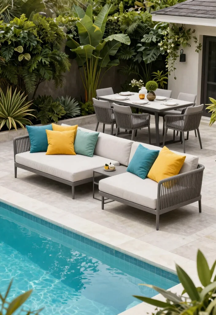 12 Small Backyard with Pool Ideas That Feel Open and Relaxing 8. Trendy Outdoor Furniture 0