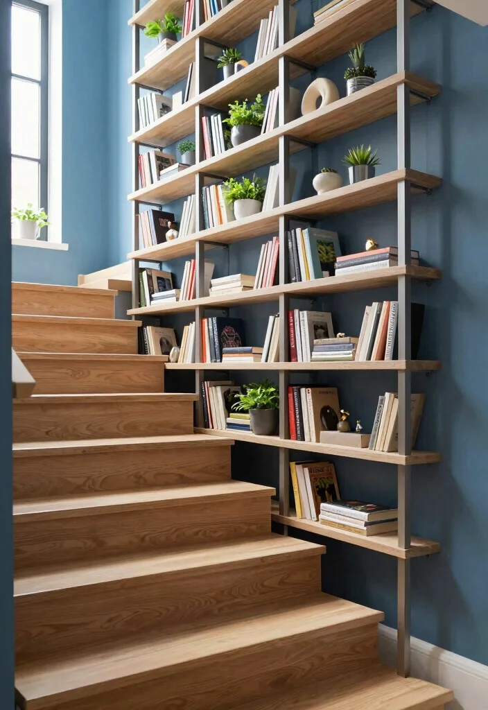 12 Staircase Wall Decor Ideas to Use Vertical Space Beautifully 2 12 Staircase Wall Decor Ideas That Use Vertical Space 2. Utilize Vertical Shelving 0