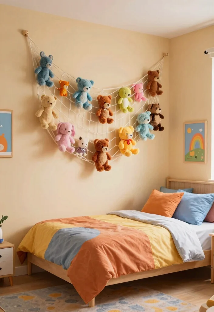 12 Stuffed Animal Storage Organization Ideas for Kids 1. Wall Mounted Storage Nets 0