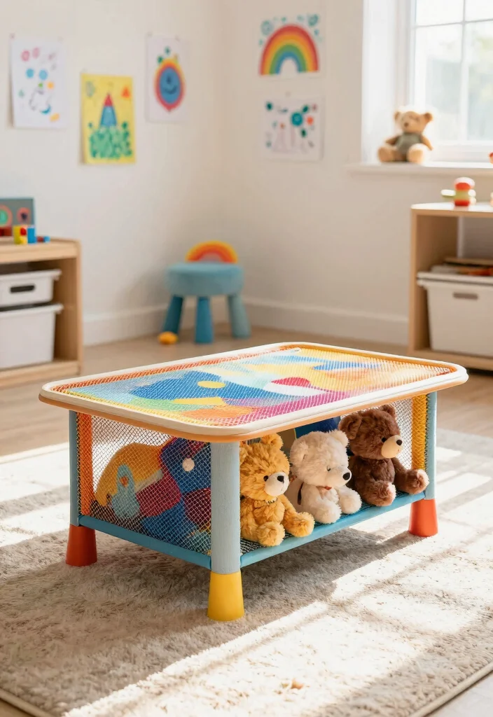 12 Stuffed Animal Storage Organization Ideas for Kids 4. Repurposed Coffee Tables 0