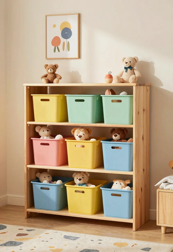 12 Stuffed Animal Storage Organization Ideas for Kids 8. Toy Shelves with Bins 0