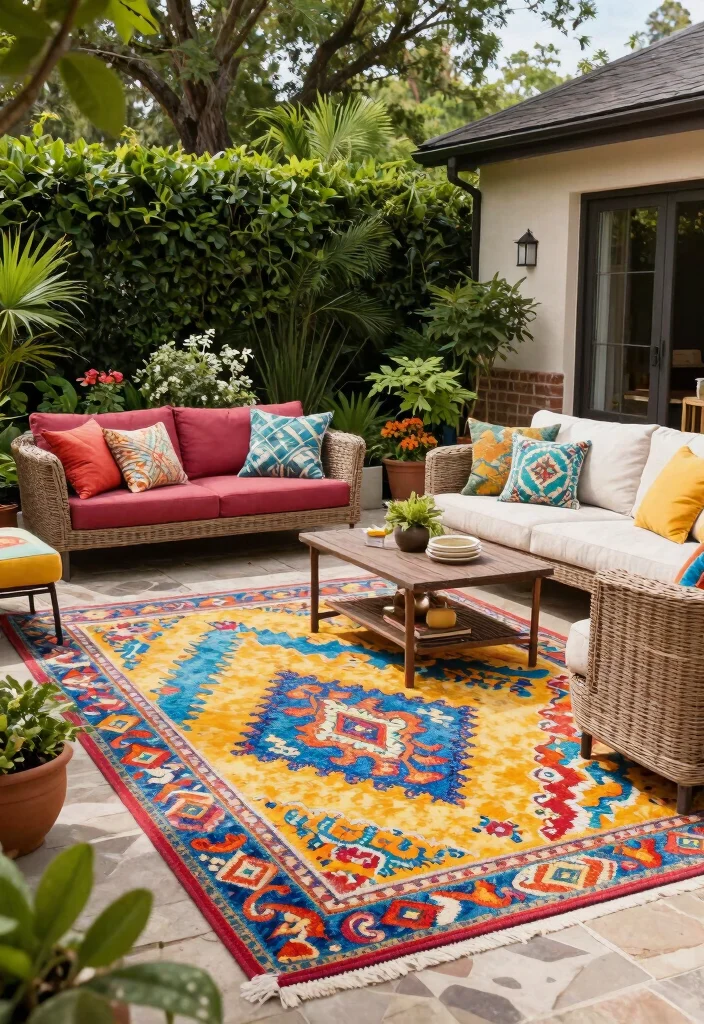 12 Texas Backyard Ideas Designed for Heat and Entertaining 10. Use Colorful Outdoor Rugs 0