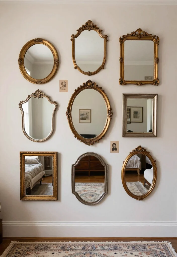 12 Bedroom Mirror Wall Decor Ideas to Make the Room Feel Brighter 1 12 Vintage Inspired Mirror Wall Decor Ideas to Brighten Your Bedroom 1. Gallery Wall of Vintage Mirrors 0