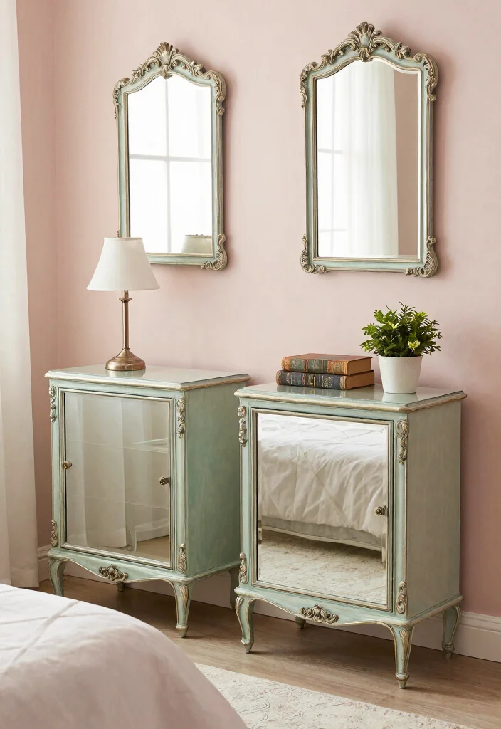 12 Bedroom Mirror Wall Decor Ideas to Make the Room Feel Brighter 3 12 Vintage Inspired Mirror Wall Decor Ideas to Brighten Your Bedroom 3. Vintage Mirrored Nightstands 0