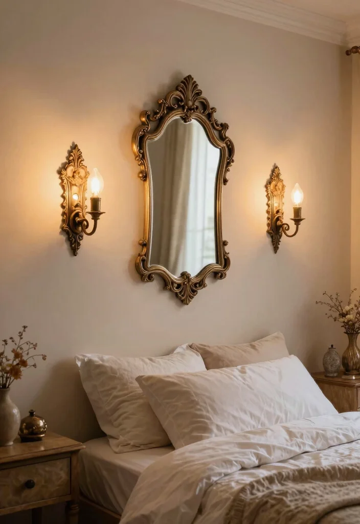 12 Bedroom Mirror Wall Decor Ideas to Make the Room Feel Brighter 39 12 Vintage Inspired Mirror Wall Decor Ideas to Brighten Your Bedroom 9. Vintage Mirror Wall Sconces 0