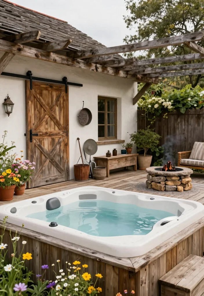 14 Backyard Jacuzzi Patio Ideas for a Luxury Home Retreat 6 14 Backyard Jacuzzi Patio Ideas for Luxury at Home 6. Rustic Farmhouse Jacuzzi Charm 0