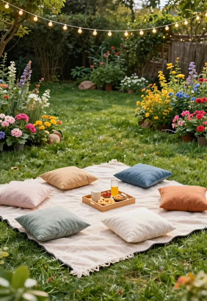 14 Backyard Seating Ideas for Comfortable Outdoor Entertaining 11. Picnic Blankets and Cushions 0