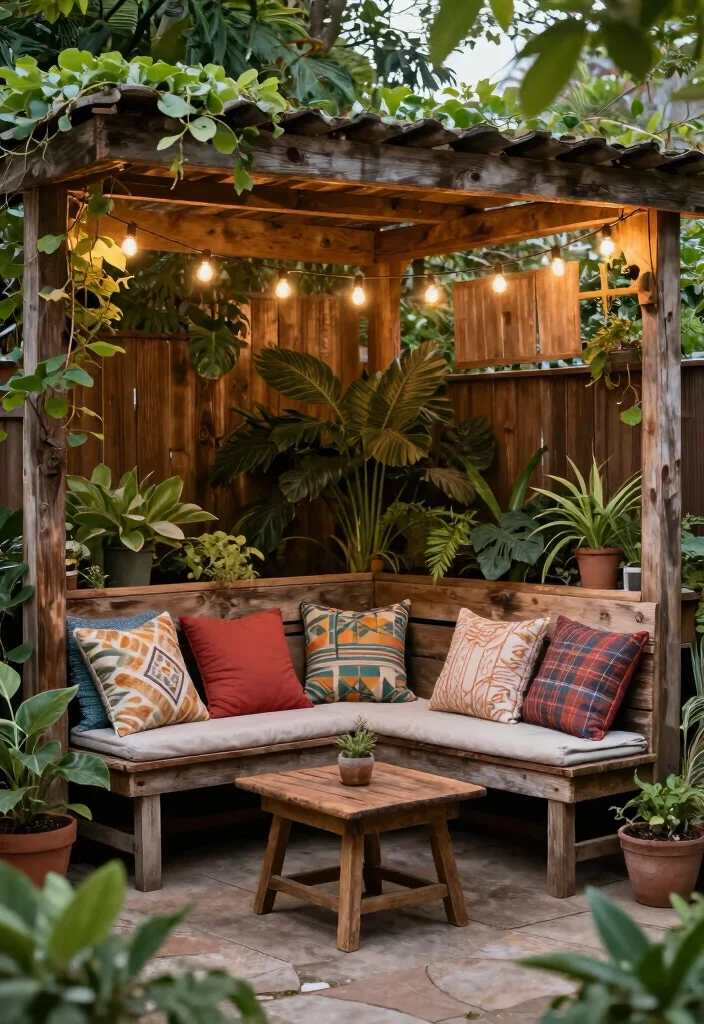 14 Backyard Sitting Area Ideas for Relaxed Everyday Use 1. Cozy Corner with Reclaimed Wood 0