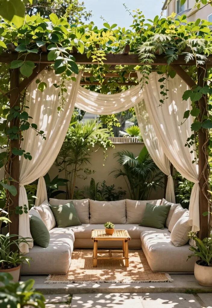 14 Backyard Sitting Area Ideas for Relaxed Everyday Use 8. Pergola Retreat 0