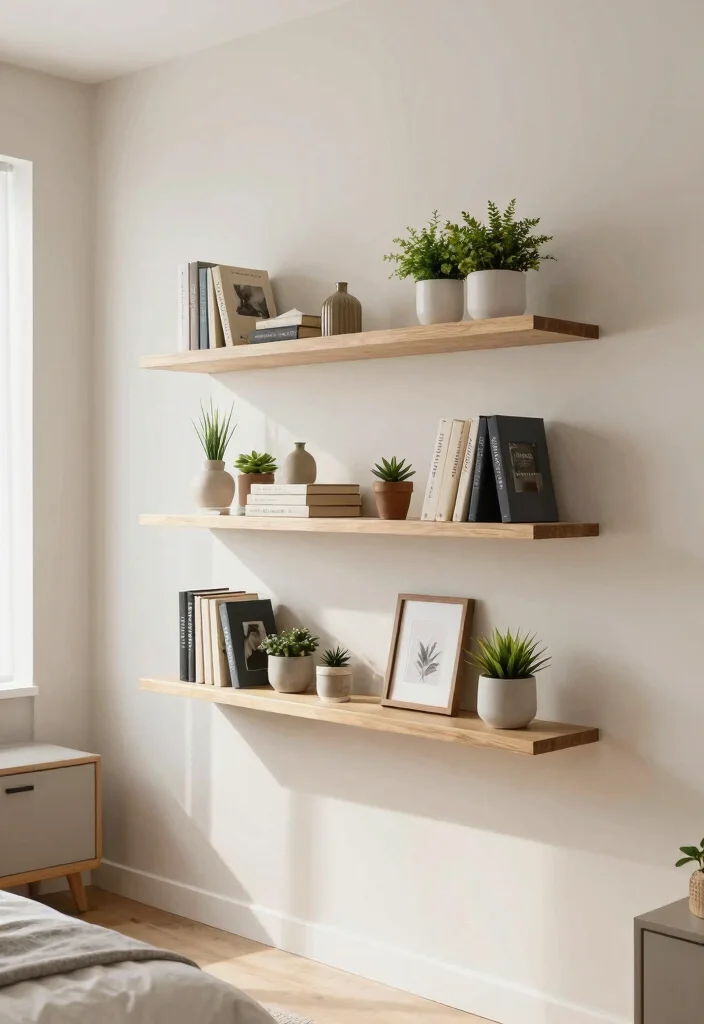 14 Bedroom Organization Ideas for Calm Functional Spaces 2. Floating Shelves for Display and Storage 0