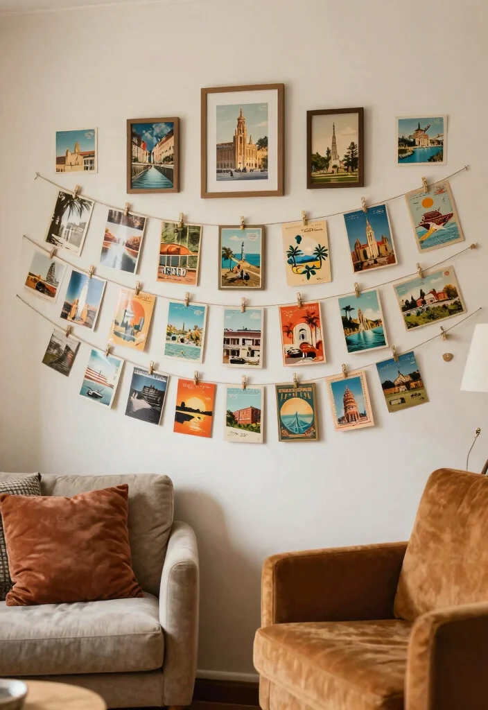 14 DIY Living Room Wall Decor Ideas on a Budget 13. Vintage Postcards Display 0