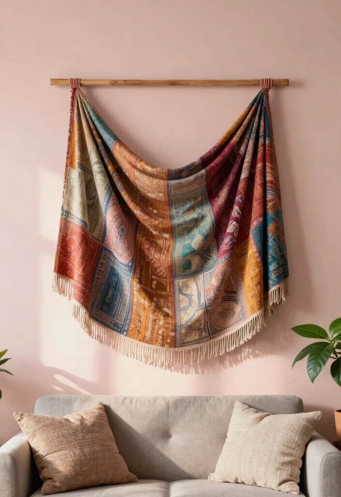 14 DIY Living Room Wall Decor Ideas on a Budget 2. DIY Fabric Wall Hanging 0