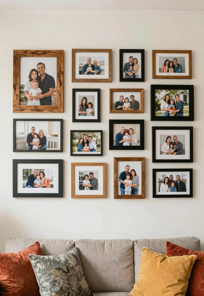 14 DIY Living Room Wall Decor Ideas on a Budget 3. Gallery Wall of Family Photos 0